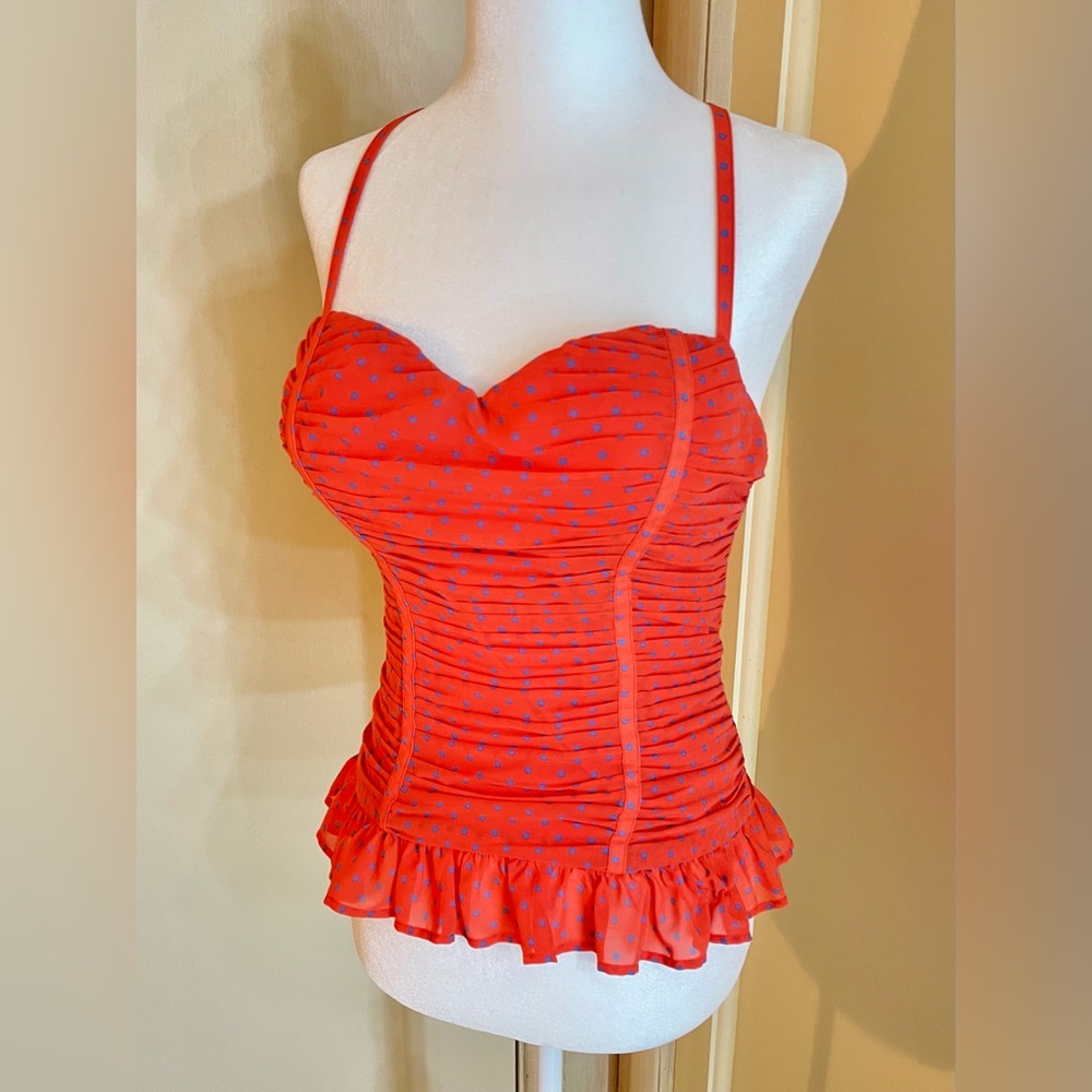 Guess corset vintage pin-up style top, red-orange + blue polka dots, bra top, S